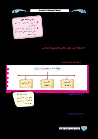 140‫الثانوي‬ ‫الثاين‬ ‫التاريخ-لل�صف‬
‫واالجتماعية‬‫االقت�صادية‬‫احلياة‬
‫ا‬ ً‫ت�سامح‬ ‫العرب‬ ‫غير‬ ‫من‬ ‫الموالي‬ ‫��د‬‫ج‬‫وو‬ ،‫العربي‬  ‫ومحمد‬
‫أدب‬‫ل‬‫وا‬ ‫والفكر‬ ‫العلم‬ ‫درجات‬ ‫أعلى‬� ‫بلوغهم‬ ‫في‬ ‫مالمحه‬ ‫ت‬َ‫ز‬‫ر‬َ‫ب‬
‫منهم‬ ‫وكان‬ ،‫أطباء‬‫ل‬‫وا‬ ‫والعلماء‬ ‫والق�ضاة‬ ‫الفقهاء‬ ‫منهم‬ ‫فكان‬ ،
‫والطولونيون‬ ‫البرامكة‬ ‫فعا�ش‬ ،‫الدول‬ ‫أ�صحاب‬�‫و‬ ‫والوالة‬ ‫الوزراء‬
‫وعا�ش‬ ،‫إ�سالمية‬‫ل‬‫ا‬ ‫الخالفة‬ ‫كنف‬ ‫في‬ ‫وال�سالجقة‬ ‫إخ�شيديون‬‫ل‬‫وا‬
‫هذا‬ ‫جهابذة‬ ‫فكانوا‬ ،‫إ�سالمي‬‫ل‬‫ا‬ ‫المجتمع‬ ‫قلب‬ ‫في‬ ‫الذمة‬ ‫أهل‬�
‫في‬ ‫المجتمع‬ ‫�صبغت‬ ‫�سمات‬ ،‫وكتابه‬ ‫أطبائه‬�‫و‬ ‫و�صيارفته‬ ‫الزمان‬
‫�شكل‬ ‫حيث‬ ‫وعنا�صره؛‬ ‫طبقاته‬ ‫بين‬ ‫تمييز‬ ‫دون‬ ‫إ�سالمية‬‫ل‬‫ا‬ ‫الدولة‬
.‫ا‬ ً‫بع�ض‬‫بع�ضه‬‫يكمل‬‫ا‬ً‫واحد‬‫ا‬ ً‫ن�سيج‬
:‫إ�سالمي‬‫ال‬‫المجتمع‬‫في‬‫ودورها‬‫أة‬�‫المر‬‫3.مكانة‬
‫ال‬‫وقدرها‬،‫وزوجة‬‫وابنة‬‫ًا‬‫ت‬‫أخ‬�‫و‬‫ا‬ً‫م‬ُ‫أ‬�‫باعتبارها‬‫والحماية‬‫الرعاية‬‫من‬‫ب�سياج‬‫أحاطها‬�‫و‬‫أة‬�‫المر‬‫أن‬�‫ش‬�‫إ�سالم‬‫ل‬‫ا‬‫رفع‬
.‫أحمد‬�‫رواه‬)‫الرجال‬‫�شقائق‬‫الن�ساء‬‫إنما‬�( ‫ﷺ‬ ‫الر�سول‬‫قال‬‫كما‬‫باعتبارها‬‫الرجل‬‫عن‬‫يقل‬
.‫إ�سالمي‬‫ل‬‫ا‬‫المجتمع‬‫في‬‫مختلفة‬‫ا‬ً‫ر‬‫أدوا‬�‫أة‬�‫المر‬‫مار�ست‬‫ولقد‬
...‫لتتعرفها‬‫التالي‬‫ال�شكل‬‫الحظ‬
‫ال�سيا�سي‬
‫والحربي‬
‫الدعوي‬
‫والعلمي‬
‫االجتماعي‬
‫إ�سالمي‬‫ال‬‫المجتمع‬‫في‬‫أة‬�‫المر‬‫أدوار‬�
:‫والحربي‬‫ال�سيا�سي‬-‫أ‬�
‫�شاركت‬ ‫فقد‬ ،‫الم�سلمين‬ ‫تاريخ‬ ‫في‬ ‫ؤثر‬�‫م‬ ‫وحربي‬ ‫�سيا�سي‬ ‫دور‬ ‫أة‬�‫للمر‬ ‫كان‬
‫بغزوة‬ ‫ا‬ً‫ر‬‫مرو‬ ‫أحد‬� ‫غزوة‬ ‫من‬ ‫بداية‬ ‫القتال‬ ‫في‬ ‫و�شاركت‬ ،‫الثانية‬ ‫العقبة‬ ‫بيعة‬ ‫في‬
‫نفوذ‬‫لها‬‫وكان‬‫ال�سيا�سي‬‫دورها‬‫وا�ستمر‬،‫واليرموك‬‫الردة‬‫وحروب‬ ِ‫ين‬َ‫ن‬ ُ‫وح‬‫خيبر‬
. ‫والعبا�سي‬‫أموي‬‫ل‬‫ا‬‫الع�صرين‬‫في‬‫الدولة‬‫في‬‫وا�سع‬
:‫والعلمي‬‫الدعوي‬-‫ب‬
‫وذلك‬ ‫والعبا�سى‬ ‫أموى‬‫ل‬‫ا‬ ‫والع�صر‬ ‫إ�سالم‬‫ل‬‫ا‬ ‫�صدر‬ ‫فى‬ ‫الم�شرفة‬ ‫النماذج‬ ‫من‬ ‫بالكثير‬ ‫إ�سالمي‬‫ل‬‫ا‬ ‫التاريخ‬ ‫حظى‬
.‫والطب‬‫والريا�ضيات‬‫أدب‬‫ل‬‫وا‬،‫والبالغة‬‫والحديث‬‫الفقه‬‫علوم‬‫فى‬
‫مة‬‫�سل‬ ‫أم‬�  ‫بي‬‫الن‬ ‫اور‬��‫��ش‬�
‫بية‬‫حدي‬‫ال‬ ‫صلح‬� ‫اث‬‫حد‬‫أ‬� ‫في‬
.‫يها‬‫أ‬�‫بر‬‫مل‬‫وع‬
‫حول‬‫معلمك‬‫ناق�ش‬
‫الدول‬ ‫ع�صر‬ ‫في‬ ‫آخر‬‫ل‬‫ا‬ ‫مع‬ ‫التعاي�ش‬ ÇÇ
.‫إ�سالمية‬‫ل‬‫ا‬
‫اال�ستقرار‬ ‫ي�سهم‬ ‫أن‬� ‫يمكن‬ ‫كيف‬ ÇÇ
‫النمو‬ ‫تحقيق‬ ‫في‬ ‫المجتمعات‬ ‫داخل‬
‫؟‬‫به‬‫والتقدم‬
‫ئية‬‫ثرا‬‫إ‬�‫ومة‬‫معل‬
 