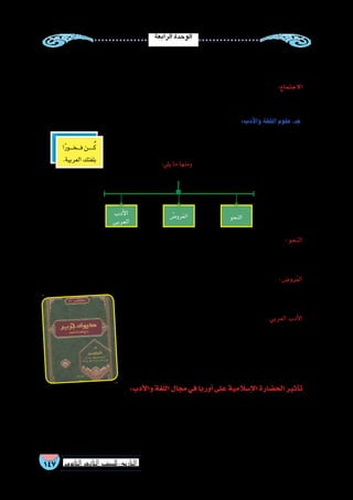 ‫الرابعة‬‫الوحدة‬
147 ‫الثانوي‬ ‫الثاين‬ ‫التاريخ-لل�صف‬
‫هذا‬ ‫علماء‬ ‫أبرز‬� ‫ومن‬ ‫بالخرائط‬ ‫ا‬ً‫م‬‫مدع‬ ‫ا‬ً‫ق‬‫دقي‬ ‫ا‬ً‫ف‬‫و�ص‬ ‫البلدان‬ ‫العلماء‬ ‫فو�صف‬ ‫والتجارة‬ ‫العلم‬ ‫طلب‬ ‫فى‬
.‫إدري�سى‬‫ل‬‫وا‬‫حوقل‬‫ابن‬‫العلم‬
‫عد‬ُ‫ي‬‫و‬،‫أفرادها‬�‫بين‬‫المختلفة‬‫والعالقات‬‫والتفاعالت‬‫الب�شرية‬‫المجتمعات‬‫خ�صائ�ص‬‫بدرا�سة‬‫عنى‬ُ‫ي‬‫علم‬:‫االجتماع‬
.‫االجتماع‬‫لعلم‬‫ؤ�س�س‬�‫الم‬‫خلدون‬‫ابن‬
:‫أدب‬‫ل‬‫وا‬‫اللغة‬‫علوم‬.‫جـ‬
‫هوية‬‫تكوين‬‫في‬‫كبير‬‫أثر‬�‫لها‬‫كان‬‫لهذا‬‫إ�سالم‬‫ل‬‫ا‬‫و�شعار‬‫آن‬�‫القر‬‫لغة‬‫هى‬‫العربية‬‫اللغة‬
‫لغات‬‫أرقى‬�‫باتت‬‫حتى‬‫غيرها‬‫عن‬‫إ�سالمية‬‫ل‬‫ا‬‫الح�ضارة‬‫تمييز‬‫في‬‫بالغة‬‫أهمية‬�‫ولها‬ ،‫أمة‬‫ل‬‫ا‬
:‫يلي‬‫ما‬‫ومنها‬‫ؤها‬�‫علما‬‫ابتكرها‬‫عدة‬‫علوم‬‫العربية‬‫وللغة‬،‫العالم‬
‫اختالطهم‬‫كثرة‬‫نتيجة‬‫العرب‬‫من‬‫كثير‬‫أل�سنة‬�‫إلى‬�‫اللحن‬‫ت�سرب‬‫أته‬�‫ش‬�‫ن‬‫و�سبب‬،‫العربية‬‫اللغة‬‫علوم‬‫أهم‬�‫عد‬ُ‫ي‬:‫النحو‬
،‫النحو‬ ‫علم‬ ‫في‬ ‫كتب‬ ‫من‬ ‫أول‬� ‫ؤلي‬�‫الد‬ ‫أ�سود‬‫ل‬‫ا‬ ‫أبو‬� ‫وكان‬ ،‫إ�سالم‬‫ل‬‫ا‬ ‫في‬ ‫دخلوا‬ ‫الذين‬ ‫المفتوحة‬ ‫البالد‬ ‫ب�شعوب‬
.‫�سيبويه‬:‫أ�سهم‬�‫ر‬‫وعلى‬‫آخرون‬�‫طوره‬‫ثم‬
،‫بها‬‫الموثوق‬‫الطرق‬‫من‬‫بالرواية‬‫و�صحت‬‫عنهم‬‫ا�شتهرت‬‫التي‬،‫العرب‬‫أ�شعار‬‫ل‬‫الموافق‬‫ال�شعر‬‫أوزان‬�‫علم‬:‫رو�ض‬َ‫ع‬‫ال‬
‫أحمد‬� ‫بن‬ ‫الخليل‬ ‫إلى‬� ‫العلم‬ ‫هذا‬ ‫وين�سب‬ ، ‫أوزان‬‫ل‬‫ا‬ ‫أ�صول‬� ‫عن‬ ‫فيه‬ ‫ويبحث‬
.‫ا‬ً‫ر‬‫بح‬‫ع�شر‬‫�ستة‬‫ال�شعر‬‫م‬ َّ‫ق�س‬‫والذي‬،‫الفراهيدي‬
‫دوره‬ ‫زاد‬ ‫إ�سالم‬‫ل‬‫ا‬ ‫ظهور‬ ‫ومع‬ ‫إ�سالم‬‫ل‬‫ا‬ ‫قبل‬ ‫أدب‬‫ل‬‫با‬ ‫العرب‬ ‫اهتم‬ : ‫العربي‬ ‫أدب‬‫ل‬‫ا‬
‫كالبيان‬‫علوم‬‫من‬‫عليه‬‫ا�شتملت‬‫وما‬‫البالغة‬‫فمنها‬‫فروعه‬‫وتعددت‬‫ومكانته‬
‫لل�شعراء‬ ‫فكان‬ ،‫أ�ساليب‬� ‫من‬ ‫عليه‬ ‫ا�شتمل‬ ‫وما‬ ‫وال�شعر‬ ،‫والبديع‬ ‫والمعاني‬
،‫والفرزدق‬ ،‫زهير‬ ‫بن‬ ‫كعب‬ ‫أبرزهم‬� ‫ومن‬ ،‫العربي‬ ‫أدب‬‫ل‬‫ا‬ ‫إثراء‬� ‫في‬ ‫دور‬
.‫الجاحظ‬‫النثريين‬‫ومن‬
:‫أدب‬‫ال‬‫و‬‫اللغة‬‫مجال‬‫في‬‫أوربا‬�‫على‬‫إ�سالمية‬‫ال‬‫الح�ضارة‬‫أثير‬�‫ت‬
‫ولقد‬ ،‫العربي‬ ‫ال�شعر‬ ‫ينظم‬ ‫كان‬ ‫وبع�ضهم‬ ،‫ا‬ً‫ر‬‫كبي‬ ‫ا‬ً‫ر‬‫أث‬�‫ت‬ ‫العربي‬ ‫أدب‬‫ل‬‫با‬ ‫أ�سبان‬‫ل‬‫ا‬ ‫�شعراء‬ ‫وخا�صة‬ ‫الغربيون‬ ‫أثر‬�‫ت‬
‫م�سرحيته‬‫مو�ضوع‬‫�شك�سبير‬‫فاقتب�س‬،‫الق�ص�ص‬‫فنون‬‫من‬‫العرب‬‫عند‬‫كان‬‫بما‬‫أتها‬�‫ش‬�‫ن‬‫في‬‫أوربية‬‫ل‬‫ا‬‫الق�صة‬‫أثرت‬�‫ت‬
‫الغفران‬‫بر�سالة‬‫إلهية‬‫ل‬‫ا‬‫الكوميديا‬ ‫كتابة‬‫في‬‫أثر‬�‫فت‬‫دانتي‬‫أما‬�،‫وليلة‬‫ليلة‬‫ألف‬�‫ق�ص�ص‬‫بالخواتيممن‬‫العبرة‬
.‫المقارن‬‫أدب‬‫ل‬‫ا‬‫في‬‫الباحثون‬‫ذلك‬‫ؤكد‬�‫ي‬‫كما‬‫العربى‬‫ابن‬‫الم�سلم‬‫والفيل�سوف‬‫ري‬َّ‫ع‬‫للم‬
‫ا‬ً‫ر‬‫����و‬‫خ‬����‫ف‬‫������ن‬ُ‫ك‬
.‫العربية‬‫بلغتك‬
‫النحو‬ْ‫رو�ض‬َ‫ع‬‫ال‬‫أدب‬‫ل‬‫ا‬
‫العربى‬
 