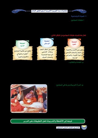 18‫الثانوي‬ ‫الثاين‬ ‫التاريخ-لل�صف‬
‫إ�سالم‬‫ل‬‫ا‬‫ظهور‬‫قبيل‬‫العربية‬‫اجلزيرة‬‫�شبه‬‫ح�ضارات‬
:‫والتقاليد‬‫ب-العادات‬
‫ارتبطت‬‫وقد‬،‫ال�سلبية‬‫أخرى‬‫ل‬‫وا‬‫إيجابية‬‫ل‬‫ا‬‫العادات‬‫من‬‫ا‬ً‫عديد‬‫طياتها‬‫في‬‫تحمل‬‫فهي‬,‫عاداتهم‬‫بتباين‬‫العرب‬‫يت�سم‬
‫من‬ ‫الخفية‬ ‫القوى‬ ‫وقدرة‬ ،‫والتنجيم‬ ،‫بال�سحر‬ ‫ؤمنون‬�‫ي‬ ‫فهم‬ ,‫أ‬�‫الخط‬ ‫الدينية‬ ‫المعتقدات‬ ‫ببع�ض‬ ‫العرب‬ ‫عند‬ ‫العادات‬
.‫ال�شر‬‫إبعاد‬�‫و‬،‫الخير‬‫جلب‬‫على‬‫الجن‬
‫كانت‬‫بينما‬،‫الذل‬‫ورف�ض‬،‫والحرية‬،‫والعفو‬،‫وال�شجاعة‬،‫بالعهد‬‫والوفاء‬،‫في:الكرم‬‫تتمثل‬‫إيجابية‬‫ل‬‫ا‬‫عاداتهم‬‫وكانت‬
‫أد‬�‫وو‬ ،‫أر‬�‫بالث‬ ‫أخذ‬‫ل‬‫وا‬ ،‫والع�صبية‬ ،‫القوافل‬ ‫طرق‬ ‫على‬ ‫إغارة‬‫ل‬‫وا‬ ،‫المي�سر‬ ‫ولعب‬ ‫الخمر‬ ‫�شرب‬ :‫في‬ ‫تتمثل‬ ‫ال�سيئة‬ ‫عاداتهم‬
. ‫القبائل‬‫بع�ض‬‫عند‬‫ت‬‫البنا‬
:‫المجتمع‬‫في‬‫ودورها‬‫العربية‬‫أة‬�‫جـ-المر‬
,‫العربية‬ ‫الجزيرة‬ ‫�شبه‬ ‫في‬ ‫مهم‬ ‫دور‬ ‫العربية‬ ‫أة‬�‫للمر‬ ‫كان‬
‫عملها‬ ‫بجانب‬ ،‫��ا‬َّ‫م‬ُ‫أ‬� ‫بو�صفها‬ ‫ؤوليتها‬�‫س‬�‫وم‬ ‫��ا‬‫ه‬‫دور‬ ‫حيث‬
‫ا‬ً‫ن‬‫أحيا‬� ‫ت�شارك‬ ‫وكانت‬ ،‫إبل‬‫ل‬‫ا‬ ‫أوبار‬�‫و‬ ‫الغنم‬ ‫�صوف‬ ‫بغزل‬
،‫المحاربين‬ ‫وت�سقي‬ ،‫الجرحى‬ ‫فت�ضمد‬ ‫المعارك‬ ‫في‬
‫حظيت‬ ‫وقد‬ ،‫القتال‬ ‫على‬ ‫للحث‬ ‫الحرب‬ ‫طبول‬ ‫وتقرع‬
: ‫��ال‬‫ث‬��‫م‬‫أ‬� ‫العرب‬ ‫ب�لاد‬ ‫في‬ ‫عالية‬ ‫بمكانة‬ ‫الن�ساء‬ ‫بع�ض‬
‫خديجة‬ ‫وال�سيدة‬ ،‫تدمر‬ ‫ملكة‬ ‫وزنوبيا‬ ،‫أ‬�‫�سب‬ ‫ملكة‬ ‫بلقي�س‬
‫من‬ ‫الرغم‬ ‫وعلى‬ ،‫التجارة‬ ‫مار�ست‬ ‫التي‬ ‫عنها‬ ‫اهلل‬ ‫ر�ضى‬
‫تدني‬ ‫من‬ ‫المناطق‬ ‫بع�ض‬ ‫فى‬ ‫عانت‬ ‫أنها‬� ‫إال‬� ‫المكانة‬ ‫تلك‬
.‫آنذاك‬�‫لها‬‫ال�سيئة‬‫وعاداته‬‫المجتمع‬‫نظرة‬
‫التجار‬‫�صغار‬ ‫من‬‫تتكون‬
‫أرا�ضي‬‫ل‬‫ا‬ ‫ومالك‬
‫المحدودة‬‫الزراعية‬
.‫الحرف‬‫أ�صحاب‬�‫و‬
‫الطبقة‬
‫الو�سطى‬
‫المجتمع‬‫غالبية‬‫من‬‫تتكون‬
‫والموالي‬ ‫الفقراء‬
.‫والعبيد‬)‫أتباع‬‫ل‬‫(ا‬
‫الطبقة‬
‫الدنيا‬
‫الدر�س‬‫على‬‫التطبيقات‬‫لحل‬‫والتدريبات‬‫أن�شطة‬‫ل‬‫ا‬‫إلى‬�‫توجه‬
:‫التالي‬‫ال�شكل‬‫من‬‫المجتمع‬‫طبقات‬‫نتعرف‬‫ا‬ً‫ع‬‫م‬‫تعال‬
‫أغنياء‬‫ل‬‫وا‬‫أحرار‬‫ل‬‫ا‬‫من‬‫تتكون‬
‫أرا�ضي‬‫ل‬‫ا‬‫أ�صحاب‬�‫و‬‫التجار‬‫من‬
‫والمراعي‬،‫الكبيرة‬‫الزراعية‬
.‫الوا�سعة‬
‫الطبقة‬
‫العليا‬
‫المجتمع‬‫في‬‫العربية‬‫أة‬�‫المر‬‫لدور‬‫تخيلي‬‫ر�سم‬
‫االجتماعية‬‫الحياة‬-6
:‫المجتمع‬‫أ-طبقات‬�
‫أ�صل‬‫ل‬‫وا‬ ,‫االجتماعية‬ ‫والمكانة‬ ‫االقت�صادية‬ ‫بالحالة‬ ‫أثرت‬�‫ت‬ ,‫طبقات‬ ‫عدة‬ ‫إلى‬� ‫إ�سالم‬‫ل‬‫ا‬ ‫قبل‬ ‫العربي‬ ‫المجتمع‬ ‫انق�سم‬
‫البدو‬ ‫أهل‬� ‫�سكن‬ ‫حيث‬ ‫؛‬ ‫وم�ساكنهم‬ ‫ومالب�سهم‬ ‫حياتهم‬ ‫نمط‬ ‫في‬ ‫ذلك‬ ‫ظهر‬ ‫وقد‬ ,‫طبقة‬ ‫كل‬ ‫أ�صحاب‬� ‫إليه‬� ‫ينتمى‬ ‫الذي‬
‫ذات‬ ‫الحجارة‬ ‫من‬ ‫ًا‬‫ت‬‫بيو‬ ‫العربية‬ ‫والممالك‬ ‫الح�ضر‬ ‫أهل‬� ‫بنى‬ ‫بينما‬ ‫؛‬ ‫النخل‬ ‫وجذوع‬ ‫الطين‬ ‫من‬ ‫نيت‬ُ‫ب‬ ‫بيوت‬ ‫وفي‬ ‫الخيام‬
.‫متعددة‬‫طوابق‬
 