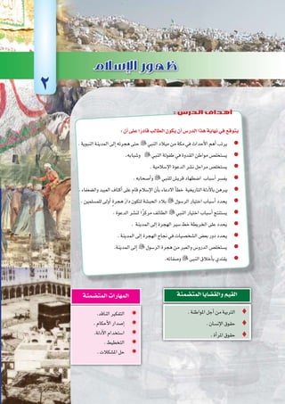 ‫أوىل‬‫ل‬‫ا‬‫الوحدة‬
19 ‫الثانوي‬ ‫الثاين‬ ‫التاريخ-لل�صف‬
:‫أن‬�‫على‬‫ا‬ً‫قادر‬‫الطالب‬‫يكون‬‫أن‬�‫الدر�س‬‫هذا‬‫نهاية‬‫في‬‫يتوقع‬
.‫النبوية‬‫المدينة‬‫إلى‬�‫هجرته‬‫حتى‬ zz‫النبي‬‫ميالد‬‫من‬‫مكة‬‫في‬‫أحداث‬‫ل‬‫ا‬‫أهم‬�‫يرتب‬
zz.‫و�شبابه‬ ‫النبي‬‫طفولة‬‫في‬‫القدوة‬‫مواطن‬‫ي�ستخل�ص‬
.‫إ�سالمية‬‫ل‬‫ا‬‫الدعوة‬‫ن�شر‬‫مراحل‬ zz‫ي�ستخل�ص‬
.‫أ�صحابه‬�‫و‬ zz‫للنبي‬‫قري�ش‬‫ا�ضطهاد‬ ‫أ�سباب‬�‫يف�سر‬
.‫وال�ضعفاء‬‫العبيد‬‫أكتاف‬�‫على‬‫قام‬‫إ�سالم‬‫ل‬‫ا‬‫أن‬�‫ب‬‫االدعاء‬‫أ‬�‫خط‬ ‫التاريخية‬‫أدلة‬‫ل‬‫با‬‫يبرهن‬ zz
.‫للم�سلمين‬‫أولى‬� ٍ‫ة‬‫هجر‬ َ‫ر‬‫دا‬‫لتكون‬‫الحب�شة‬‫بالد‬ zz‫الر�سول‬‫اختيار‬‫أ�سباب‬�‫يحدد‬
.‫الدعوة‬‫لن�شر‬‫ا‬ً‫مركز‬‫الطائف‬ zz‫النبي‬‫اختيار‬‫أ�سباب‬�‫ي�ستنتج‬
. ‫المدينة‬‫إلى‬�‫الهجرة‬‫�سير‬‫خط‬‫الخريطة‬‫على‬‫د‬ zz‫يحد‬
.‫المدينة‬‫إلى‬�‫الهجرة‬‫نجاح‬‫في‬‫ال�شخ�صيات‬‫بع�ض‬‫دور‬‫د‬ zz‫يحد‬
.‫المدينة‬‫إلى‬� zz‫الر�سول‬‫هجرة‬‫من‬‫والعبر‬‫الدرو�س‬‫ي�ستخل�ص‬
.‫و�صفاته‬ zz‫النبى‬‫أخالق‬�‫ب‬ ‫يقتدي‬
.‫املواطنة‬‫أجل‬�‫من‬‫الرتبية‬ 
.‫إن�سان‬‫ل‬‫ا‬‫حقوق‬ 
.‫أة‬�‫املر‬‫حقوق‬ 
‫المت�ضمنة‬‫والق�ضايا‬‫القيم‬
.‫الناقد‬‫التفكري‬ ’’
.‫أحكام‬‫ل‬‫ا‬‫إ�صدار‬� ’’
.‫أدلة‬‫ل‬‫ا‬‫ا�ستخدام‬ ’’
.‫التخطيط‬ ’’
’’.‫امل�شكالت‬‫حل‬
‫المت�ضمنة‬‫المهارات‬
2
: ‫الدرس‬ ‫أهداف‬
 
