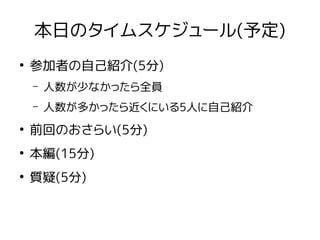 本日のタイムスケジュール(予定)
●
参加者の自己紹介(5分)
– 人数が少なかったら全員
– 人数が多かったら近くにいる5人に自己紹介
●
前回のおさらい(5分)
●
本編(15分)
●
質疑(5分)
 