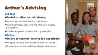3rd Year
•Guided to reﬂect on civic identity
•Service opportunities shaping my journey
•Thinking critically about the importance of diverse
perspectives
•Collaborating with others to lead by examples
4th Year
•Guided to connect learning and experience
• Using my privilege to promote fairness and equity
• Courses, internships, and study abroad experiences
Arthur’s Advising
 