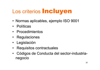Los criterios Incluyen
• Normas aplicables, ejemplo ISO 9001
• Políticas
• Procedimientos
• Regulaciones
• Legislación
• Requisitos contractuales
• Códigos de Conducta del sector-industria-
negocio
32
 