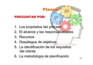 53
PREGUNTAR POR:
1. Los propósitos del proceso
2. El alcance y las responsabilidades
3. Recursos
4. Despliegue de objetivos
5. La identificación de los requisitos
del cliente
6. La metodología de planificación
Planear
 