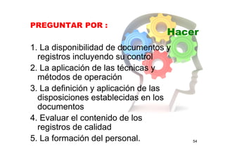 54
PREGUNTAR POR :
1. La disponibilidad de documentos y
registros incluyendo su control
2. La aplicación de las técnicas y
métodos de operación
3. La definición y aplicación de las
disposiciones establecidas en los
documentos
4. Evaluar el contenido de los
registros de calidad
5. La formación del personal.
Hacer
 