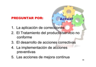 56
PREGUNTAR POR:
1. La aplicación de correcciones
2. El Tratamiento del producto/servicio no
conforme
3. El desarrollo de acciones correctivas
4. La implementación de acciones
preventivas
5. Las acciones de mejora continua
Actuar
 