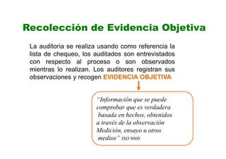 La auditoria se realiza usando como referencia la
lista de chequeo, los auditados son entrevistados
con respecto al proceso o son observados
mientras lo realizan. Los auditores registran sus
observaciones y recogen EVIDENCIA OBJETIVA
“Información que se puede
comprobar que es verdadera
basada en hechos, obtenidos
a través de la observación
Medición, ensayo u otros
medios” ISO 9000
Recolección de Evidencia Objetiva
 