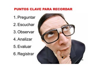 85
1. Preguntar
2. Escuchar
3. Observar
4. Analizar
5. Evaluar
6. Registrar
PUNTOS CLAVE PARA RECORDAR
 