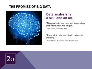 Data analysis is
a skill and an art.
“The goal is to turn data into information,
and information into insight.”
–Carly Fiorina, former CEO of HP
“Torture the data, and it will confess to
anything.”
– Ronald Coase, Economics, Nobel Prize Laureate
THE PROMISE OF BIG DATA
 