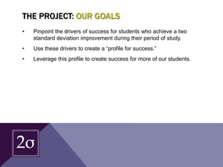 THE PROJECT: OUR GOALS
• Pinpoint the drivers of success for students who achieve a two
standard deviation improvement during their period of study.
• Use these drivers to create a “profile for success.”
• Leverage this profile to create success for more of our students.
 