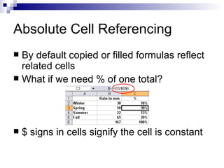 Absolute Cell Referencing By default copied or filled formulas reflect related cells What if we need % of one total? $ signs in cells signify the cell is constant 
