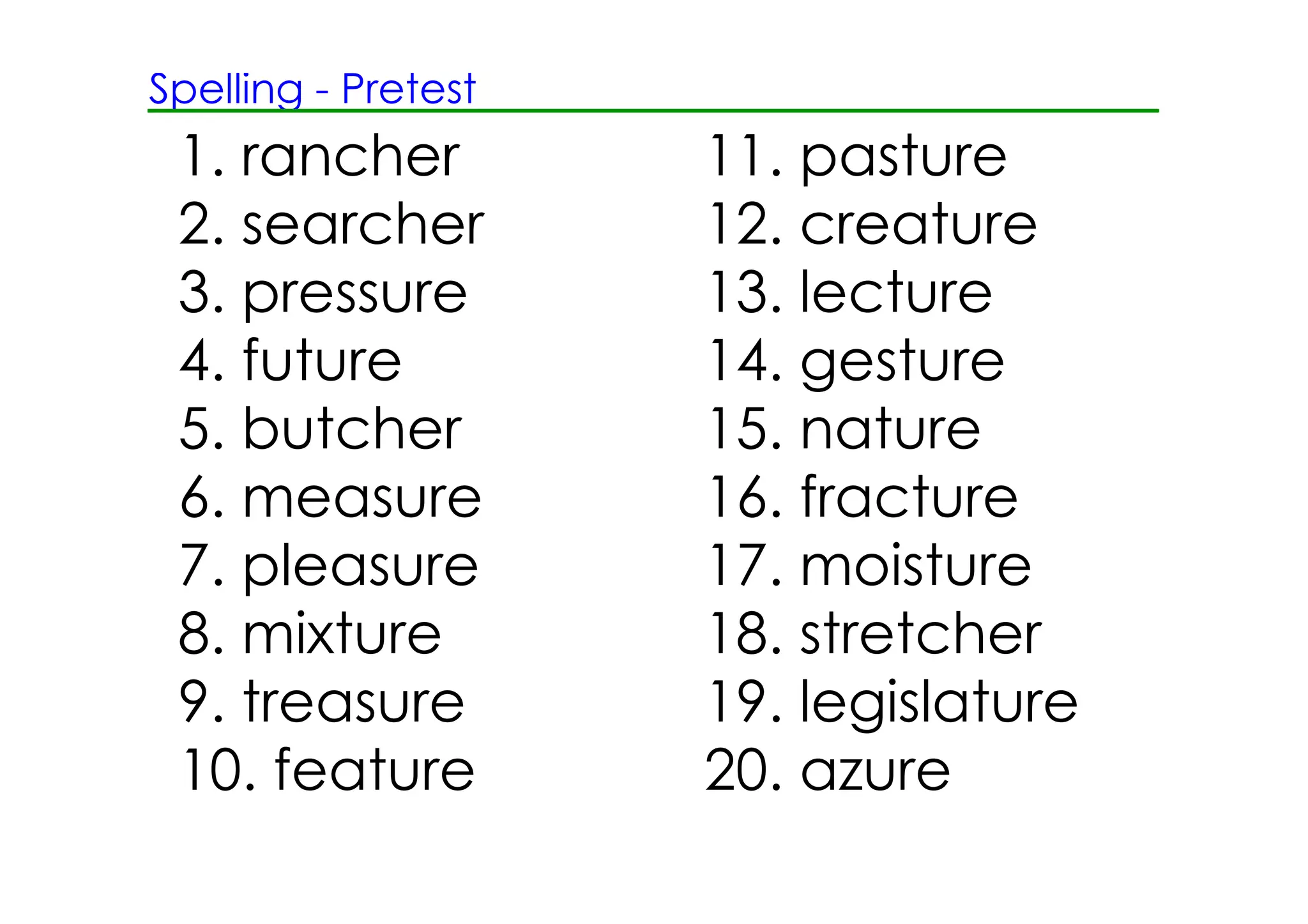 Spelling ­ Pretest
 1. rancher          11. pasture
 2. searcher         12. creature
 3. pressure         13. lecture
 4. future           14. gesture
 5. butcher          15. nature
 6. measure          16. fracture
 7. pleasure         17. moisture
 8. mixture          18. stretcher
 9. treasure         19. legislature
 10. feature         20. azure
 