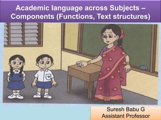 Suresh Babu G
Academic language across Subjects –
Components (Functions, Text structures)
Suresh Babu G
Assistant Professor
 