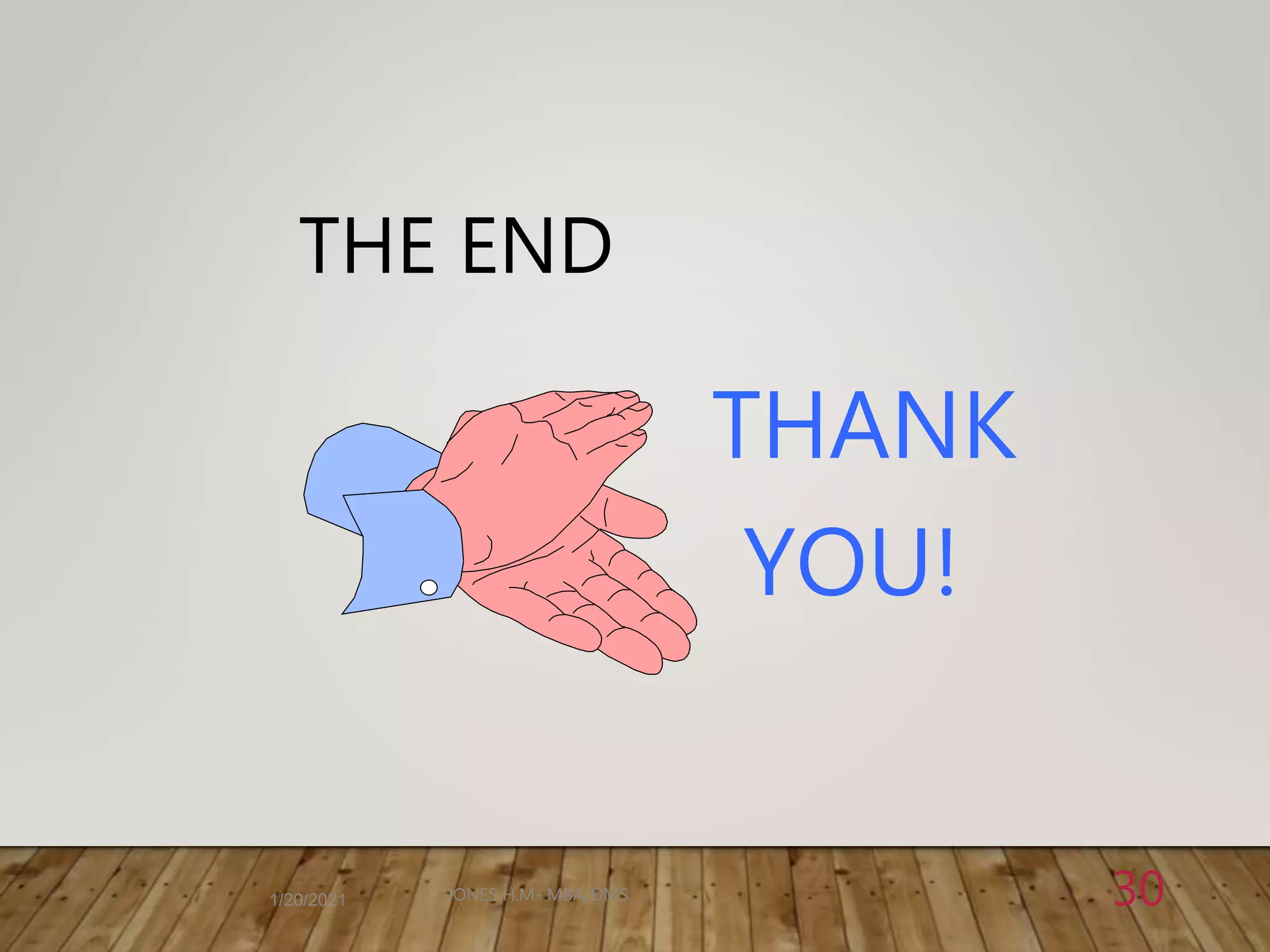 THE END
THANK
YOU!
1/20/2021 30
JONES H.M- MBA/DMS
 