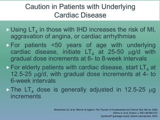 Caution in Patients with Underlying
Cardiac Disease
Using LT4 in those with IHD increases the risk of MI,
aggravation of angina, or cardiac arrhythmias
For patients <50 years of age with underlying
cardiac disease, initiate LT4 at 25-50 g/d with
gradual dose increments at 6- to 8-week intervals
For elderly patients with cardiac disease, start LT4 at
12.5-25 g/d, with gradual dose increments at 4- to
6-week intervals
The LT4 dose is generally adjusted in 12.5-25 g
increments
Braverman LE, et al. Werner & Ingbar’s The Thyroid. A Fundamental and Clinical Text. 8th ed. 2000.
Kohno A, et al. Endocr J. 2001;48:565-572.
Synthroid® [package insert]. Abbott Laboratories; 2003.
 