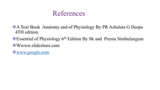 References
A Text Book Anatomy and of Physiology By PR Ashalata G Deepa
4TH edition.
Essential of Physiology 6th Edition By Sk and Prema Simbulangum
Wwww.slideshare.com
www.google.com
 