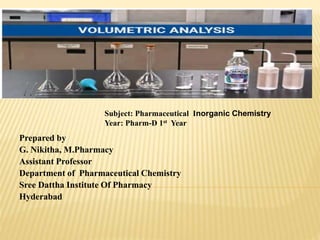 Prepared by
G. Nikitha, M.Pharmacy
Assistant Professor
Department of Pharmaceutical Chemistry
Sree Dattha Institute Of Pharmacy
Hyderabad
Subject: Pharmaceutical Inorganic Chemistry
Year: Pharm-D 1st Year
 