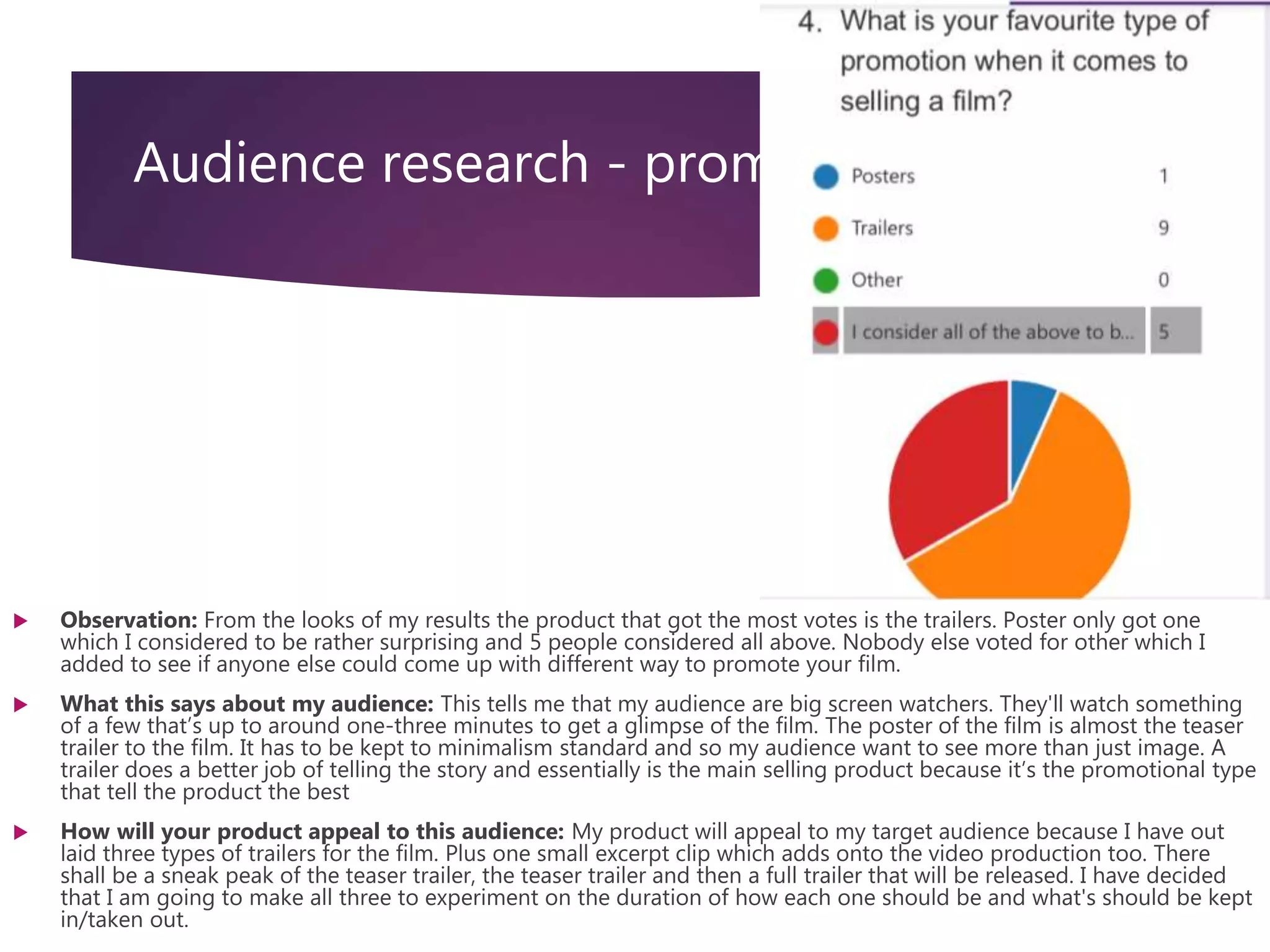 Audience research - promotional
 Observation: From the looks of my results the product that got the most votes is the trailers. Poster only got one
which I considered to be rather surprising and 5 people considered all above. Nobody else voted for other which I
added to see if anyone else could come up with different way to promote your film.
 What this says about my audience: This tells me that my audience are big screen watchers. They'll watch something
of a few that’s up to around one-three minutes to get a glimpse of the film. The poster of the film is almost the teaser
trailer to the film. It has to be kept to minimalism standard and so my audience want to see more than just image. A
trailer does a better job of telling the story and essentially is the main selling product because it’s the promotional type
that tell the product the best
 How will your product appeal to this audience: My product will appeal to my target audience because I have out
laid three types of trailers for the film. Plus one small excerpt clip which adds onto the video production too. There
shall be a sneak peak of the teaser trailer, the teaser trailer and then a full trailer that will be released. I have decided
that I am going to make all three to experiment on the duration of how each one should be and what's should be kept
in/taken out.
 