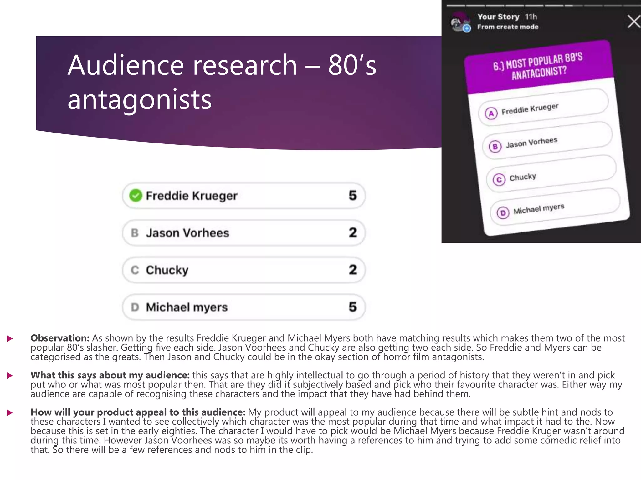 Audience research – 80’s
antagonists
 Observation: As shown by the results Freddie Krueger and Michael Myers both have matching results which makes them two of the most
popular 80’s slasher. Getting five each side. Jason Voorhees and Chucky are also getting two each side. So Freddie and Myers can be
categorised as the greats. Then Jason and Chucky could be in the okay section of horror film antagonists.
 What this says about my audience: this says that are highly intellectual to go through a period of history that they weren’t in and pick
put who or what was most popular then. That are they did it subjectively based and pick who their favourite character was. Either way my
audience are capable of recognising these characters and the impact that they have had behind them.
 How will your product appeal to this audience: My product will appeal to my audience because there will be subtle hint and nods to
these characters I wanted to see collectively which character was the most popular during that time and what impact it had to the. Now
because this is set in the early eighties. The character I would have to pick would be Michael Myers because Freddie Kruger wasn’t around
during this time. However Jason Voorhees was so maybe its worth having a references to him and trying to add some comedic relief into
that. So there will be a few references and nods to him in the clip.
 