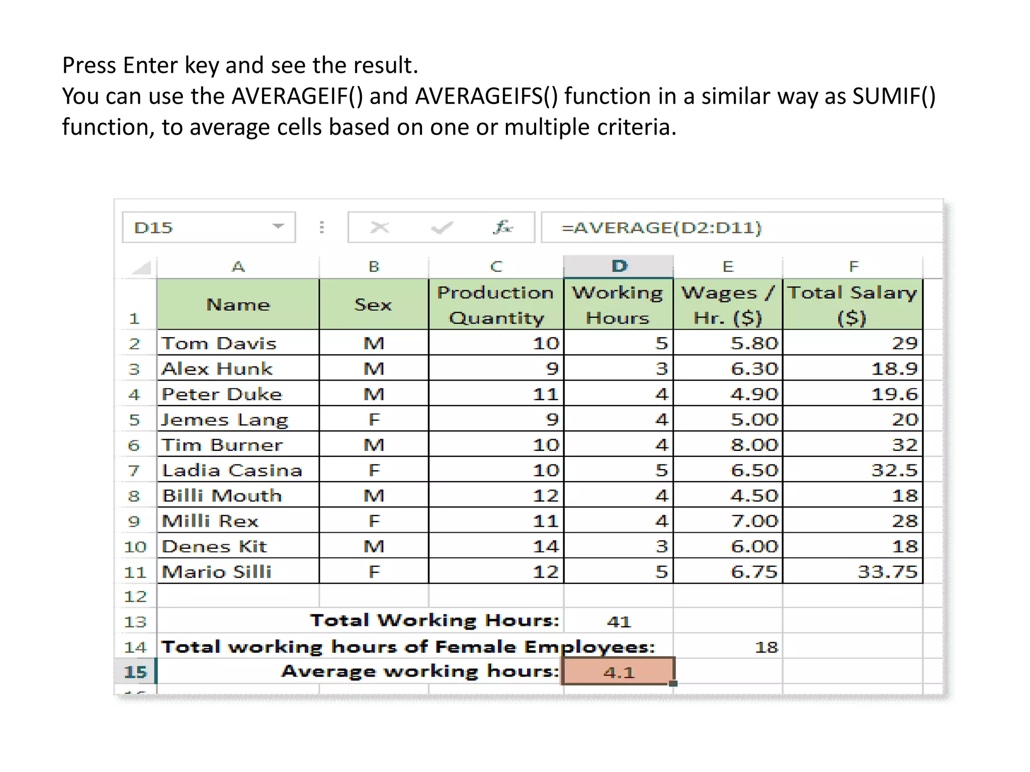 Press Enter key and see the result.
You can use the AVERAGEIF() and AVERAGEIFS() function in a similar way as SUMIF()
function, to average cells based on one or multiple criteria.
 