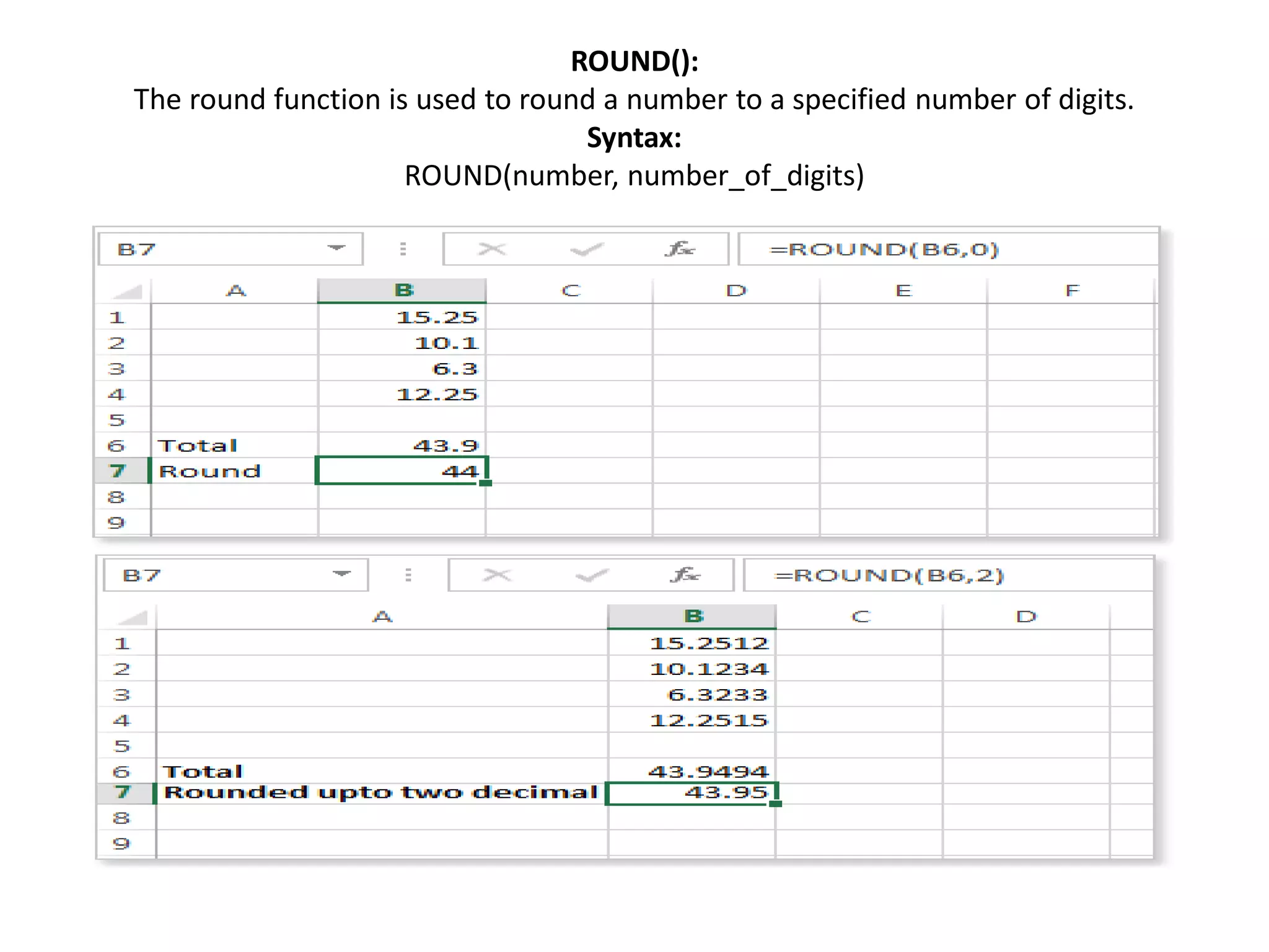 ROUND():
The round function is used to round a number to a specified number of digits.
Syntax:
ROUND(number, number_of_digits)
 