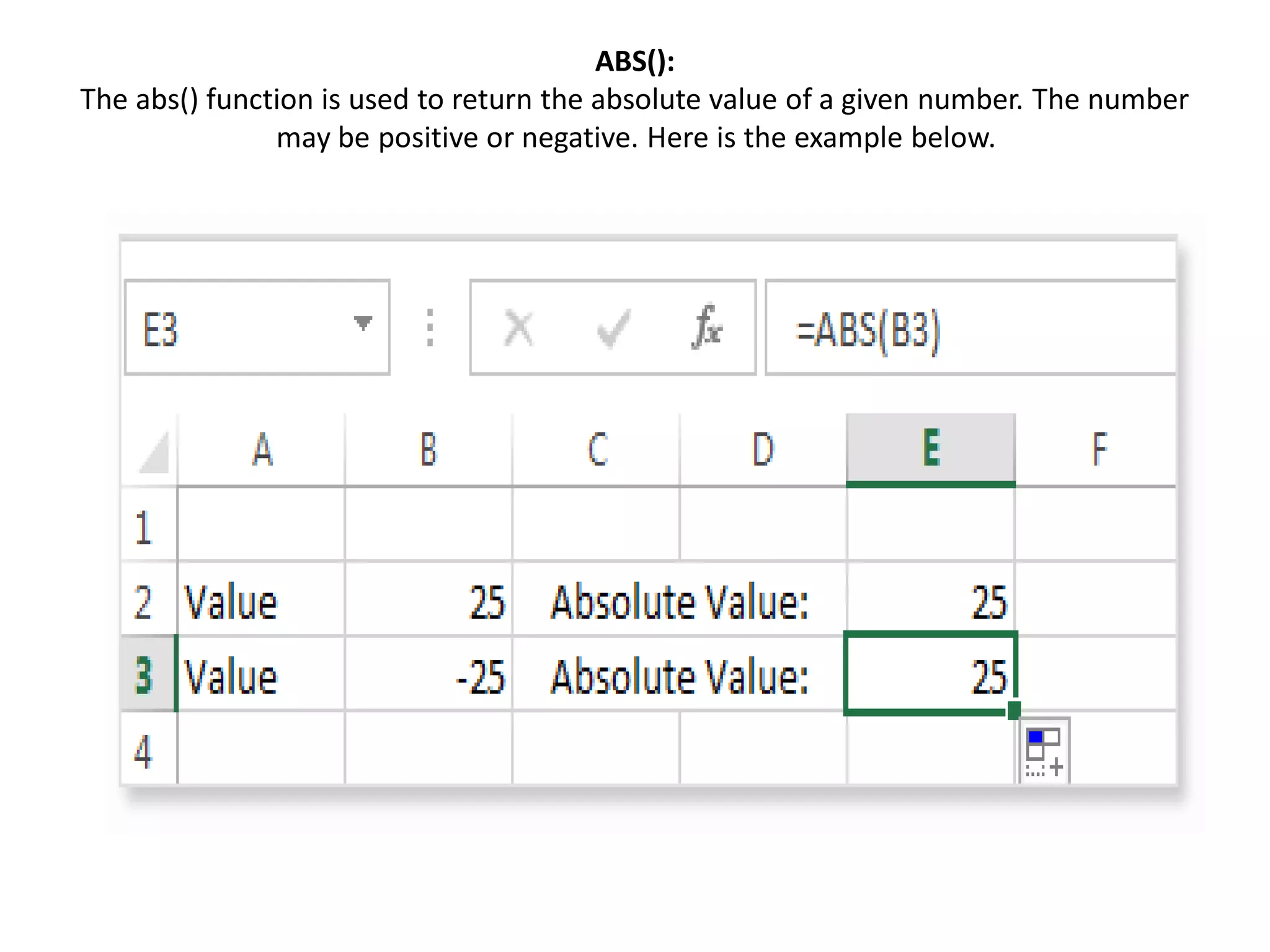 ABS():
The abs() function is used to return the absolute value of a given number. The number
may be positive or negative. Here is the example below.
 