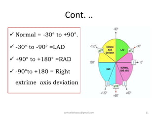Cont. ..
 Normal = -30° to +90°.
 -30° to -90° =LAD
 +90° to +180° =RAD
 -90°to +180 = Right
extrime axis deviation
samueldebassu@gmail.com 11
 