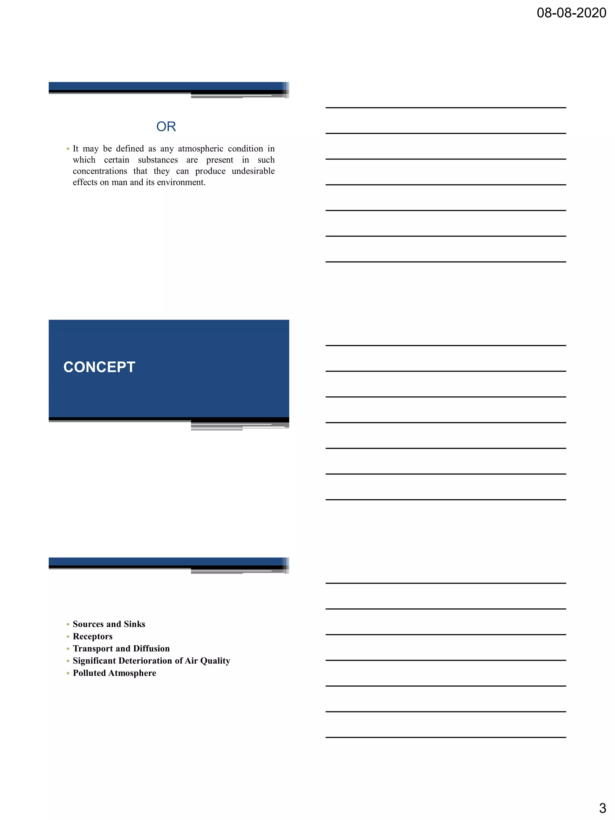 08-08-2020
3
OR
• It may be defined as any atmospheric condition in
which certain substances are present in such
concentrations that they can produce undesirable
effects on man and its environment.
CONCEPT
• Sources and Sinks
• Receptors
• Transport and Diffusion
• Significant Deterioration of Air Quality
• Polluted Atmosphere
 