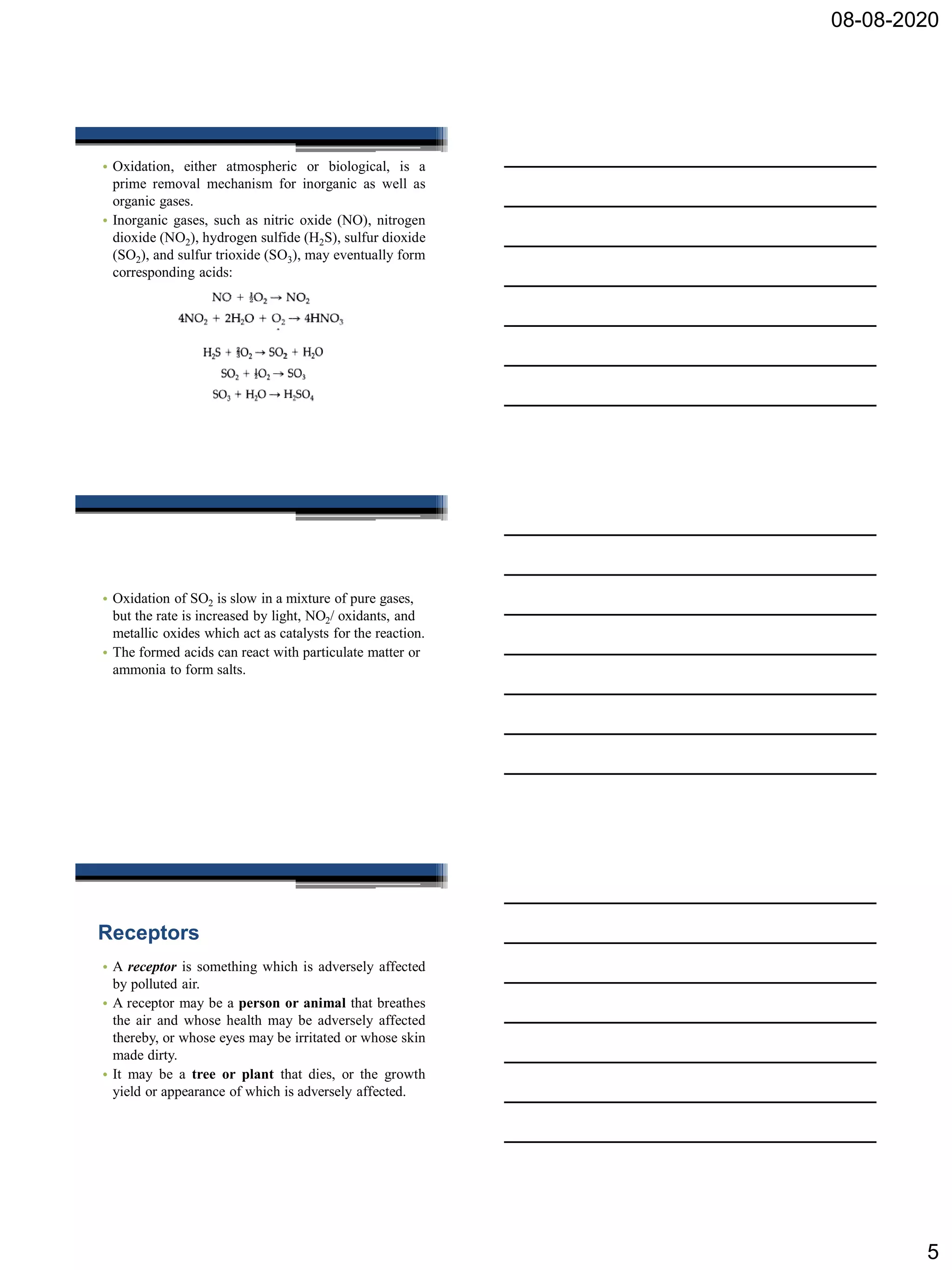 08-08-2020
5
• Oxidation, either atmospheric or biological, is a
prime removal mechanism for inorganic as well as
organic gases.
• Inorganic gases, such as nitric oxide (NO), nitrogen
dioxide (NO2), hydrogen sulfide (H2S), sulfur dioxide
(SO2), and sulfur trioxide (SO3), may eventually form
corresponding acids:
• Oxidation of SO2 is slow in a mixture of pure gases,
but the rate is increased by light, NO2/ oxidants, and
metallic oxides which act as catalysts for the reaction.
• The formed acids can react with particulate matter or
ammonia to form salts.
Receptors
• A receptor is something which is adversely affected
by polluted air.
• A receptor may be a person or animal that breathes
the air and whose health may be adversely affected
thereby, or whose eyes may be irritated or whose skin
made dirty.
• It may be a tree or plant that dies, or the growth
yield or appearance of which is adversely affected.
 