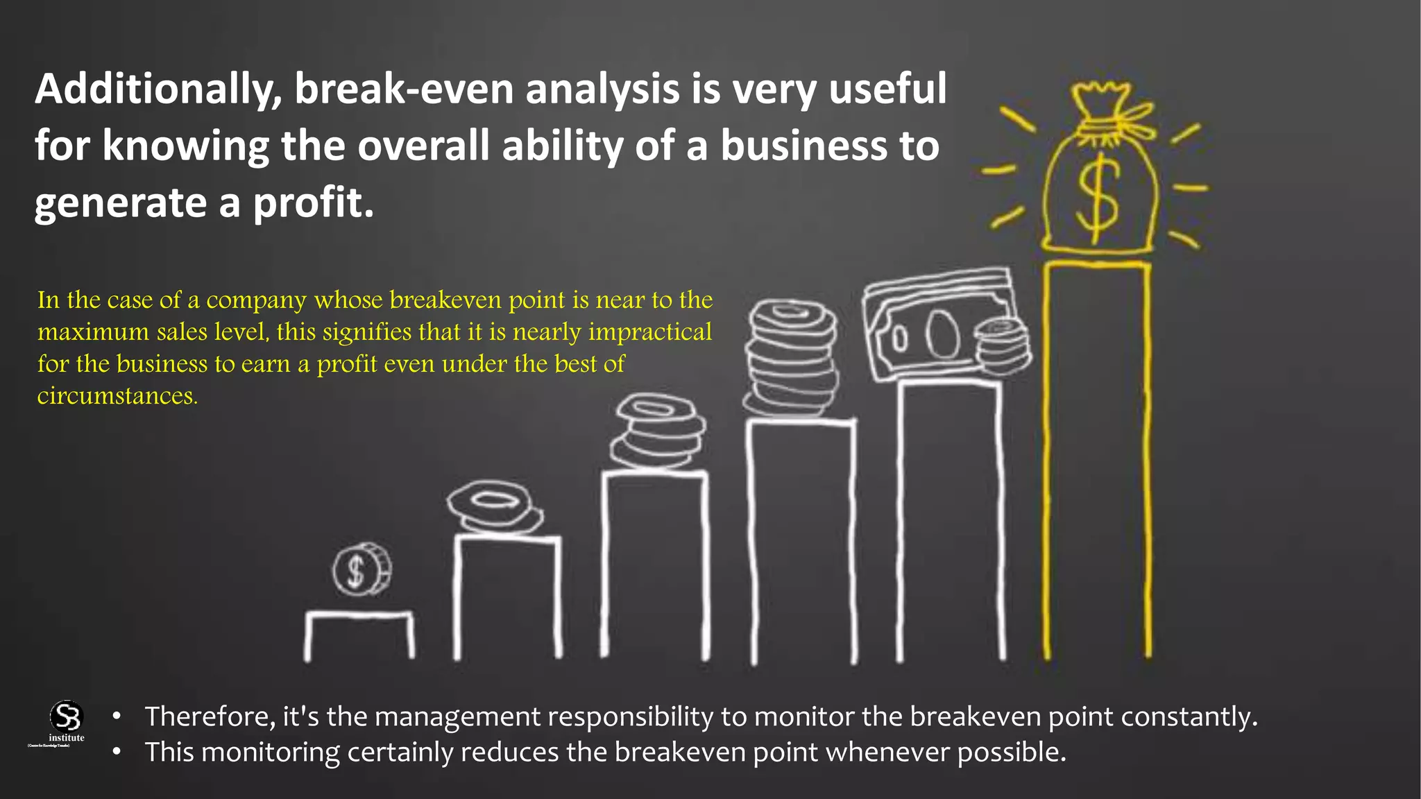 Additionally, break-even analysis is very useful
for knowing the overall ability of a business to
generate a profit.
• Therefore, it's the management responsibility to monitor the breakeven point constantly.
• This monitoring certainly reduces the breakeven point whenever possible.
In the case of a company whose breakeven point is near to the
maximum sales level, this signifies that it is nearly impractical
for the business to earn a profit even under the best of
circumstances.
(CentreforKnowledgeTransfer)
institute
 