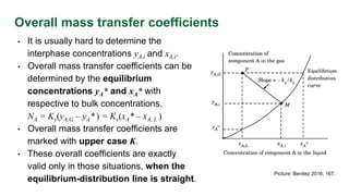 Overall mass transfer coefficients
• It is usually hard to determine the
interphase concentrations yA,i and xA,i.
• Overall mass transfer coefficients can be
determined by the equilibrium
concentrations yA* and xA* with
respective to bulk concentrations.
NA = Ky(yA,G – yA* ) = Kx(xA* – xA, L )
• Overall mass transfer coefficients are
marked with upper case K.
• These overall coefficients are exactly
valid only in those situations, when the
equilibrium-distribution line is straight.
Picture: Benitez 2016, 167.
 