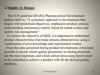  Quality by Design:
The ICH guideline Q8 (R2) Pharmaceutical Development
defines QbD as, "A systematic approach to development that
begins with predefined objectives, emphasizes product, process
understanding and process control, based oh sound science and
quality risk management.“
To achieve the objective of QbD, it is important to understand
product characteristics End study process characteristics using a
combination of prior knowledge and experimental studies.
From this data generated during product development, it becomes
possible to decide which quality parameters in starting materials
are the most important, and which critical processing factors need
to be controlled to achieve a product with all the desired quality
attributes.
20
Prof. Mali Sunayana
 