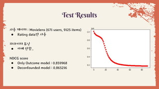 Test Results
사용 데이터 : Movielens (671 users, 9125 items)
● Rating data만 사용
파라미터 튜닝
● 아예 안함..
NDCG score
● Only Outcome model : 0.859968
● Deconfounded model : 0.865216
 