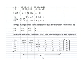2 dn-1 = 2/3 SRn-1. L / EI - 1/3 SRn. L / EI
dn = - 1/6 SRn-1. L/EI + 1/3 SRn. L/EI
2 dn-1 + dn = 1/2 SRn-1 .L / EI
SRn - 1 = 4 EI/L. dn-1 + 2 EI / L dn
analog untuk SRn
SRn = 2 EI/L. dn-1 + 4 EI / L dn
sehingga hubungan antara Momen dan deformasi dapat dinyatakan dalam bentuk matriks sbb
SRn 4 EI/L 2 EI/L dn
SRn-1 2 EI/L 4 EI/L dn-1
untuk balok statis tertentu sebagaimana sketsa diatas, dengan mengabaikan akibat gaya normal
SR1 4 EI/L 2 EI/L 0 0 0 0 d1
SR2 2 EI/L 4 EI/L 0 0 0 0 d2
SR3 0 0 4 EI/L 2 EI/L 0 0 d3
SR4 0 0 2 EI/L 4 EI/L 0 0 d4
SR5 0 0 0 0 4 EI/L 2 EI/L d5
SR6 0 0 0 0 2 EI/L 4 EI/L d6
[ S ]
 