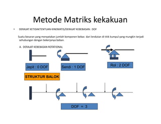 Metode Matriks kekakuan
• DERAJAT KETIDAKTENTUAN KINEMATIS/DERAJAT KEBEBASAN : DOF
Suatu besaran yang menyatakan jumlah komponen bebas dari lendutan di titik kumpul yang mungkin terjadi
sehubungan dengan bekerjanya beban.
A. DERAJAT KEBEBASAN ROTATIONAL
Jepit : 0 DOF Sendi : 1 DOF Rol : 2 DOF
DOF = 3
STRUKTUR BALOK
 