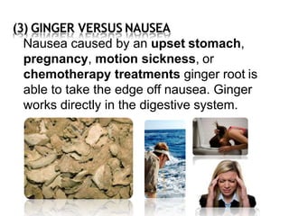 (3) GINGER VERSUS NAUSEA
Nausea caused by an upset stomach,
pregnancy, motion sickness, or
chemotherapy treatments ginger root is
able to take the edge off nausea. Ginger
works directly in the digestive system.
 