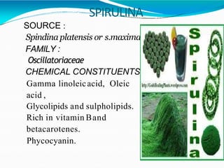 SPIRULINA
SOURCE :
Spindina platensis or s.maxima
FAMILY :
Oscillatoriaceae
CHEMICAL CONSTITUENTS
Gamma linoleicacid, Oleic
acid ,
Glycolipids and sulpholipids.
Rich in vitamin Band
betacarotenes.
Phycocyanin.
 
