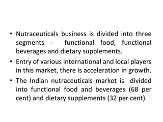 • Nutraceuticals business is divided into three
segments - functional food, functional
beverages and dietary supplements.
• Entry of various international and local players
in this market, there is acceleration in growth.
• The Indian nutraceuticals market is divided
into functional food and beverages (68 per
cent) and dietary supplements (32 per cent).
 