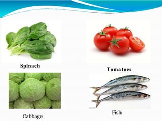 Spinach
Tomatoes
Cabbage
Fish
 