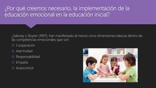 ¿Por qué creemos necesario, la implementación de la
educación emocional en la educación inicial?
¿Salovey y Sluyter (1997), han manifestado al menos cinco dimensiones básicas dentro de
las competencias emocionales que son:
 Cooperación
 Asertividad
 Responsabilidad
 Empatía
 Autocontrol
 