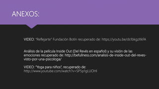 ANEXOS:
VIDEO: “Reflejarte” Fundación Botín recuperado de: https://youtu.be/ds1bkgzXkFA
Análisis de la película Inside Out (Del Revés en español) y su visión de las
emociones recuperado de: http://befullness.com/analisis-de-inside-out-del-reves-
visto-por-una-psicologa/
VIDEO: “Yoga para niños”, recuperado de:
http://www.youtube.com/watch?v=SP5p1gLUOHI
 