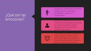 ¿Qué son las
emociones?
Las emociones, constan de tres componentes
principales, que son: de naturaleza
neurofisiológico, cognitivo y de
comportamiento.
Algunos de los aspectos más notorios de los
componentes neurofisiológicos tienen que ver
con la función de respuesta y pueden
manifestarse en forma de sudoración,
taquicardia, respiración etc.
Estás suelen ser de carácter involuntario a los
cuales no podemos controlar a nuestro
pero si pueden llegar a ser inducidas por
diferentes técnicas de relajación, como por
ejemplo “Mindfulness”. (Enríquez, 2011)
 