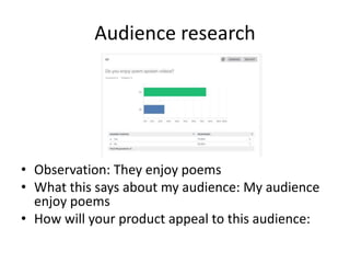Audience research
• Observation: They enjoy poems
• What this says about my audience: My audience
enjoy poems
• How will your product appeal to this audience:
 