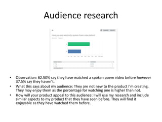 Audience research
• Observation: 62.50% say they have watched a spoken poem video before however
37.5% say they haven’t.
• What this says about my audience: They are not new to the product I’m creating.
They may enjoy them as the percentage for watching one is higher than not.
• How will your product appeal to this audience: I will use my research and include
similar aspects to my product that they have seen before. They will find it
enjoyable as they have watched them before.
 