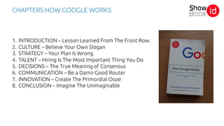 1. INTRODUCTION – Lesson Learned From The Front Row.
2. CULTURE – Believe Your Own Slogan
3. STRATEGY – Your Plan Is Wrong
4. TALENT – Hiring Is The Most Important Thing You Do
5. DECISIONS – The True Meaning of Consensus
6. COMMUNICATION – Be a Damn Good Router
7. INNOVATION – Create The Primordial Ooze
8. CONCLUSION – Imagine The Unimaginable
CHAPTERS HOW GOOGLE WORKS
 