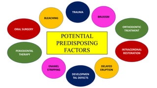 ORAL SURGERY
PERIODONTAL
THERAPY
ENAMEL
STRIPPING
BLEACHING
DELAYED
ERUPTION
INTRACORONAL
RESTORATION
ORTHODONTIC
TREATMENT
DEVELOPMEN
TAL DEFECTS
BRUXISM
TRAUMA
POTENTIAL
PREDISPOSING
FACTORS
 