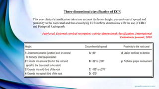 Three-dimensional classification of ECR
This new clinical classification takes into account the lesion height, circumferential spread and
proximity to the root canal and thus classifying ECR in three dimensions with the use of CBCT
and Periapical Radiograph
Patel et al. External cervical resorption: a three-dimensional classification. International
Endodontic journal, 2018
 