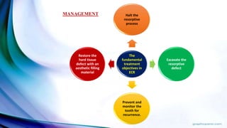 MANAGEMENT
The
fundamental
treatment
objectives in
ECR
Halt the
resorptive
process
Excavate the
resorptive
defect
Prevent and
monitor the
tooth for
recurrence.
Restore the
hard tissue
defect with an
aesthetic filling
material
 