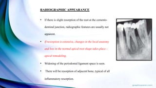 RADIOGRAPHIC APPEARANCE
• If there is slight resorption of the root at the cemento-
dentinal junction, radiographic features are usually not
apparent.
• If resorption is extensive, changes in the local anatomy
and loss in the normal apical root shape takes place –
apical remodeling.
• Widening of the periodontal ligament space is seen.
• There will be resorption of adjacent bone, typical of all
inflammatory resorption.
 