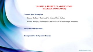 External Root Resorption
Caused By Injury Restricted To External Root Surface
Caused By Injury To External Root Surface + Inflammatory Component
Internal Root Resorption
Resorption Due To Systemic Factors
MARTIN & TROPE’S CLASSIFICATION
(SELTZER AND BENDER)
 